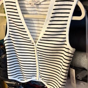 Atelier Sona Black & White Striped V-Neck Button Front Tank